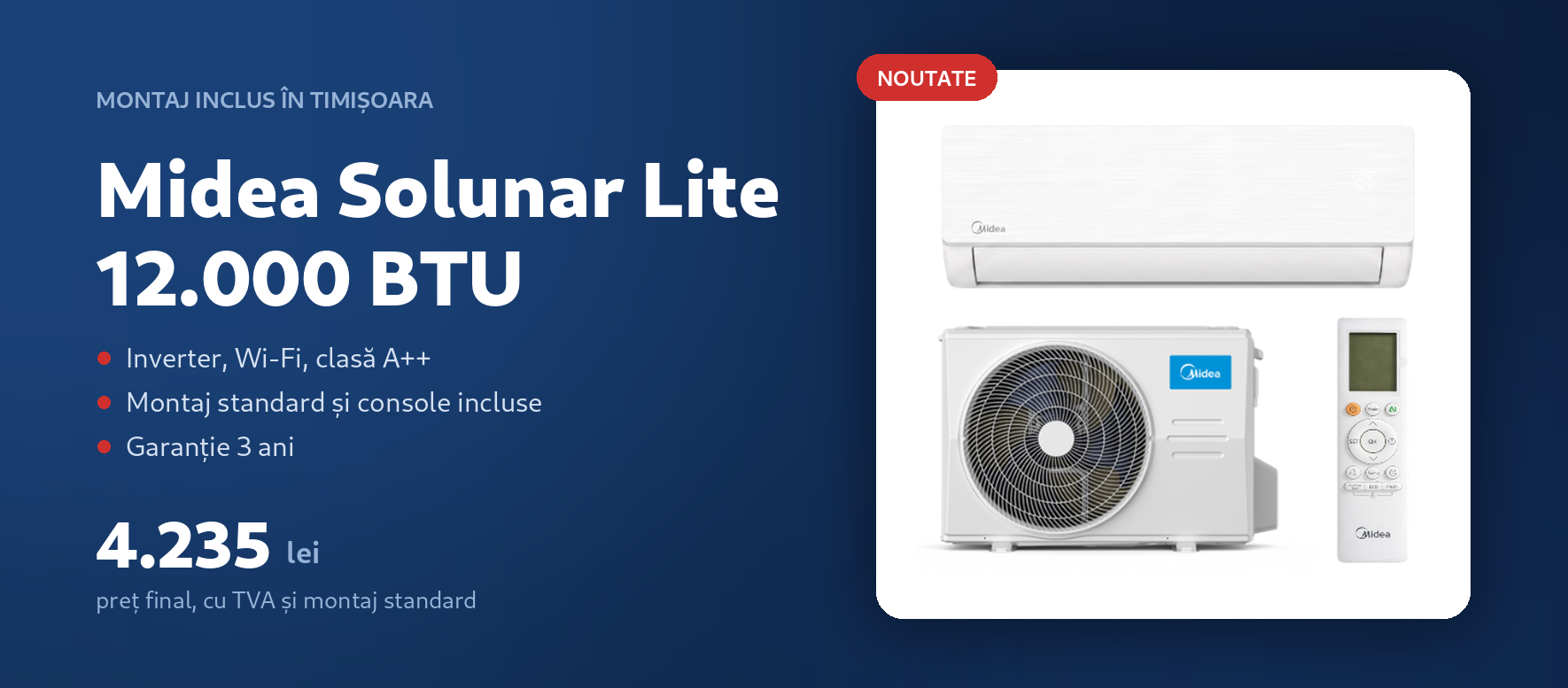 Aer condiționat Midea Solunar Lite 12.000 BTU cu montaj inclus în Timișoara
