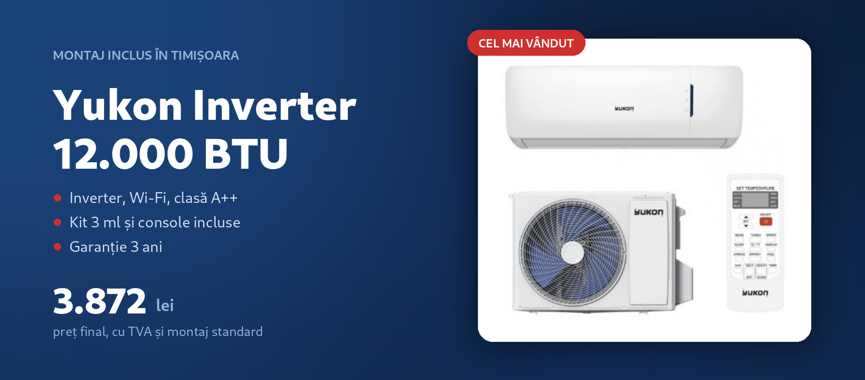 Aer condiționat Yukon Inverter 12.000 BTU cu montaj inclus în Timișoara