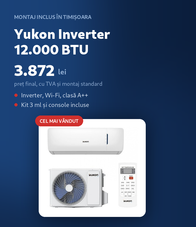 Aer condiționat Yukon Inverter 12.000 BTU cu montaj inclus în Timișoara